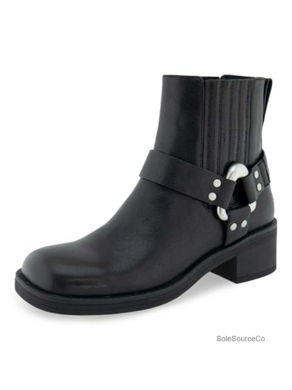 Leather Pull-On Ankle Booties Harness Block Heel